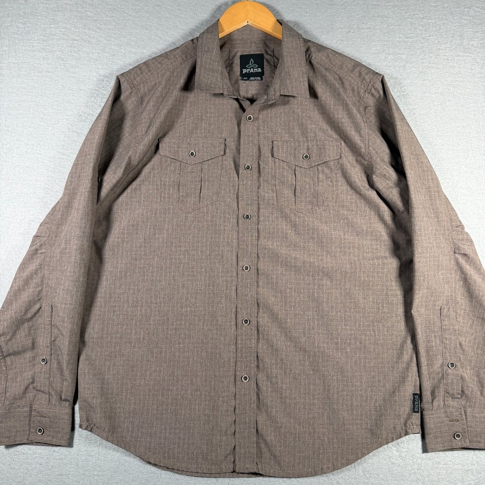 Prana Ascend Brown Heather Long Sleeve Button Down Shirt Mens Large M2ASCE115
